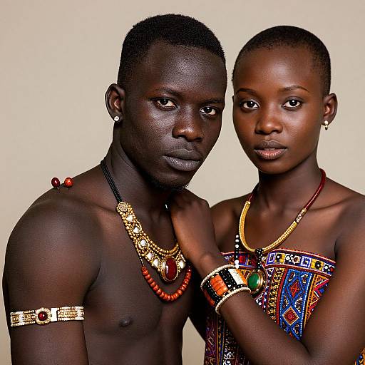 Photograph of two young African individuals with dark skin, traditional colorful clothing, and elaborate jewelry; the male is shirtless, the female touches his shoulder