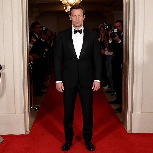Photograph of a man in a black tuxedo with a white shirt and black bow tie standing on a red carpet, flanked by photographers in