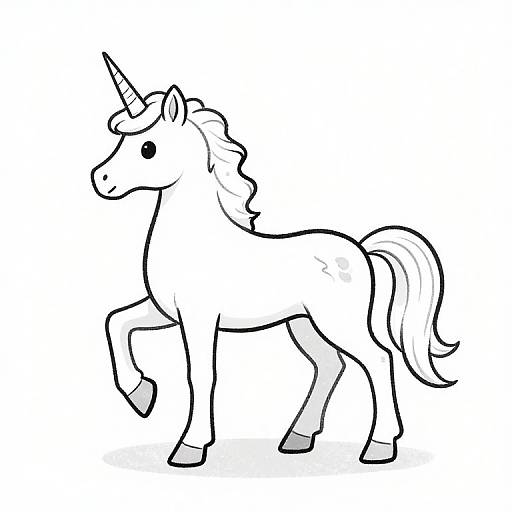 Black-and-white line drawing of a cute, cartoon-style unicorn with a single horn, fluffy mane, and tail, standing on three legs.