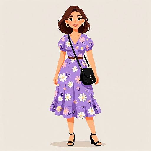 Cartoon-style illustration of a smiling woman with brown hair, wearing a purple floral dress, black shoulder bag, and black sandals.