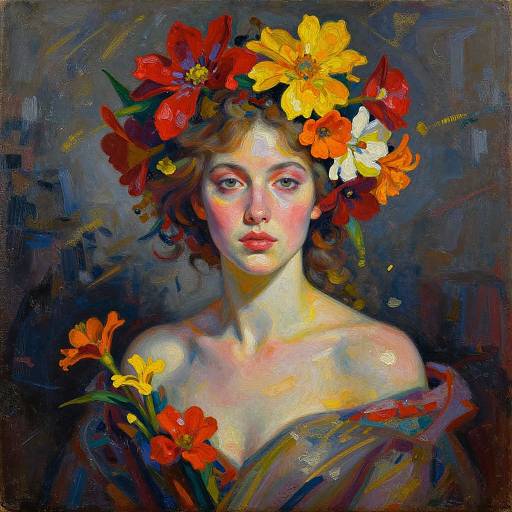 Vibrant oil painting of a fair-skinned woman with red and yellow flower crown, bare shoulders, and colorful background, exuding serene beauty.