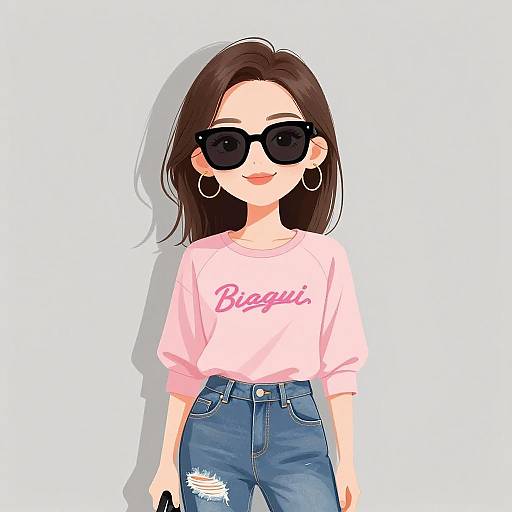 Digital drawing of a young woman with long brown hair, black sunglasses, hoop earrings, pink 