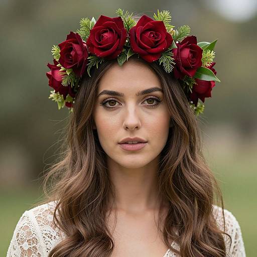Photograph of a young woman with long brown wavy hair, wearing a red rose and greenery crown, white lace top, and neutral makeup,