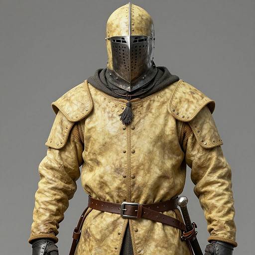 Photograph of a medieval knight in golden, weathered armor with a black visor helmet, brown belt, and tasseled neck piece, against