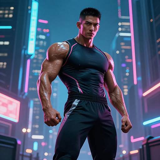 Confident Buff Dude in Cyberpunk City