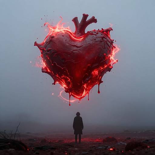 Photograph of a silhouetted figure standing before a glowing, red, heart-shaped, liquid-like blood object in a misty, blue-gray