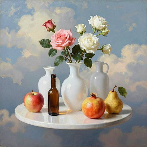 Surreal Still Life with Flowers and Fruits on Floating Table