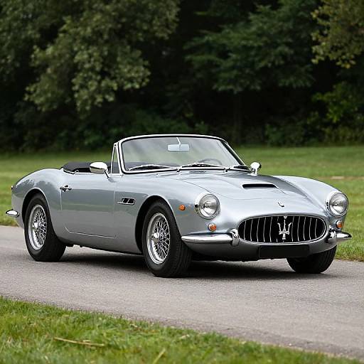 Photograph of a sleek, silver classic convertible sports car with chrome details and wire-spoke wheels driving on a paved road through a lush green park.