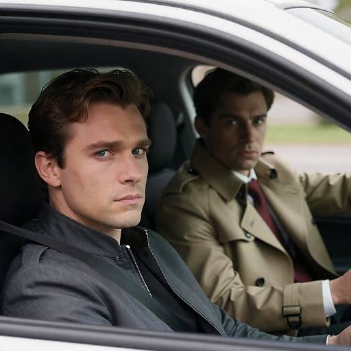 Photograph of two serious men in a car; foreground man in black suit, background man in beige suit and red tie, driving.
