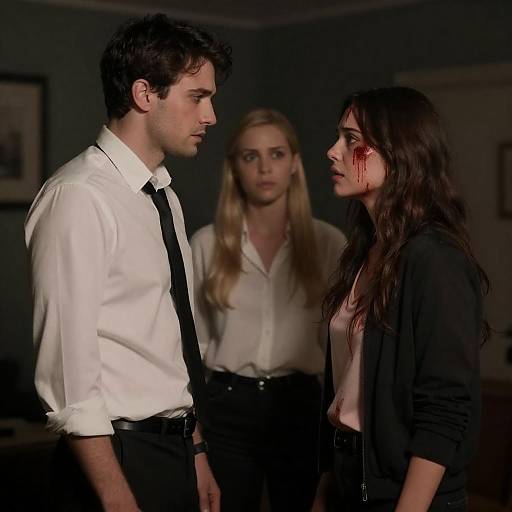 Dimly Lit Confrontation With Bloodied Woman