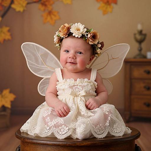 Photograph of chubby baby with fair skin, wearing white lace dress, fairy wings, and flower crown, sitting on wooden stool in autumn-themed room.