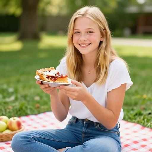 Photograph of a smiling blonde girl with light skin, wearing a white shirt and blue jeans, sitting on a red-checkered blanket, eating a strawberry