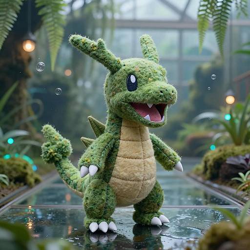 Vibrant Moss Dragon Plush in Bioluminescent Setting