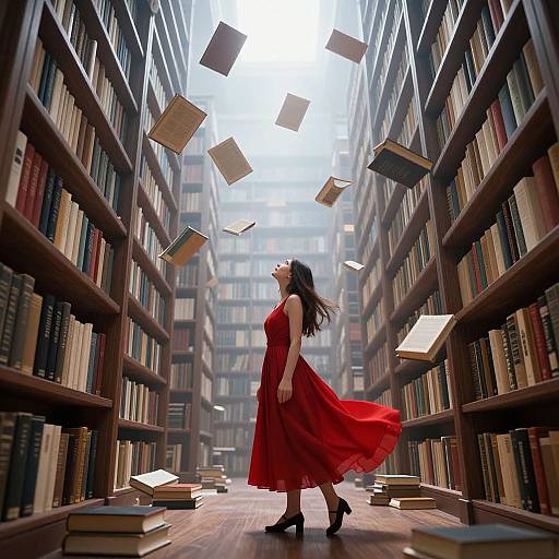 Photograph of a woman in a flowing red dress, standing amidst floating books in a vast, sunlit library with tall wooden shelves.