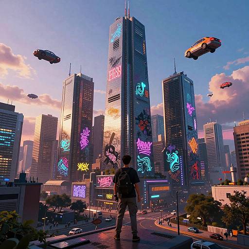 Futuristic cityscape with flying cars