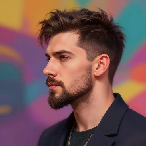 Photograph of a bearded, brown-haired man with a side profile, wearing a black jacket, against a vibrant, abstract colorful background.
