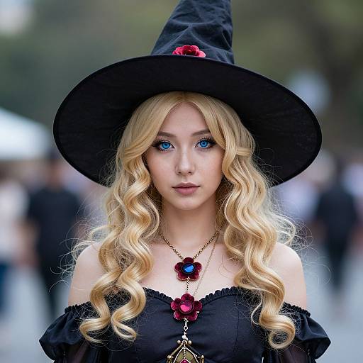 Digital artwork of a blonde, blue-eyed woman with wavy hair, wearing a black witch hat, off-shoulder black dress, and red flower