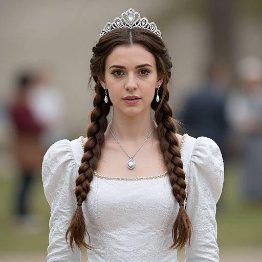 Photograph of a young woman with long braided brown hair, wearing a silver tiara, white puffed-sleeve dress, and teard