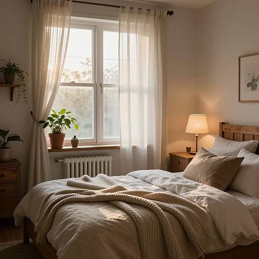 Cozy bedroom photograph: Sunlit window with sheer curtains, wooden bed with white linens, beige knitted blanket, two wooden nightstands, p