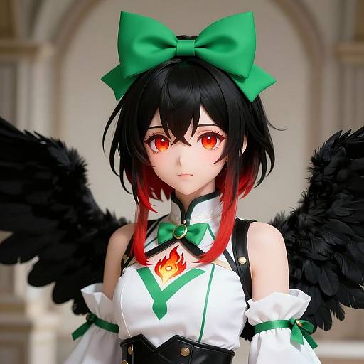 Digital anime-style portrait of a girl with black wings, red eyes, green bow, black hair, white top with green accents, and fiery chest emblem