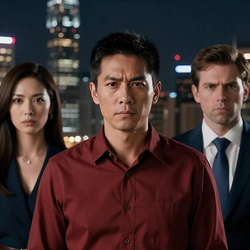 Nighttime Cityscape with Three Figures