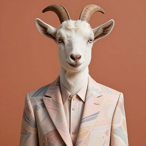 Photograph of a white goat with brown horns, wearing a patterned pastel suit, against a solid orange background.