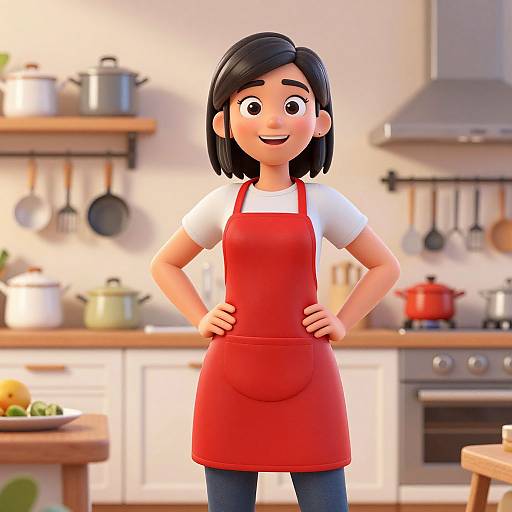 Digital cartoon of a smiling Asian woman with short black hair, wearing a red apron over a white shirt, standing confidently in a bright, modern kitchen