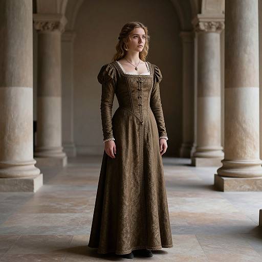 Photograph of a young woman with wavy brown hair, wearing a dark, Victorian-style, long-sleeved dress, standing in a dimly