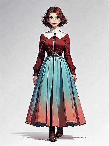 Woman in Burgundy Knit Dress with Gradient Skirt