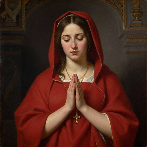 Digital painting of a fair-skinned, brown-haired woman in a red nun's habit, hands in prayer, wearing a gold cross necklace, against a