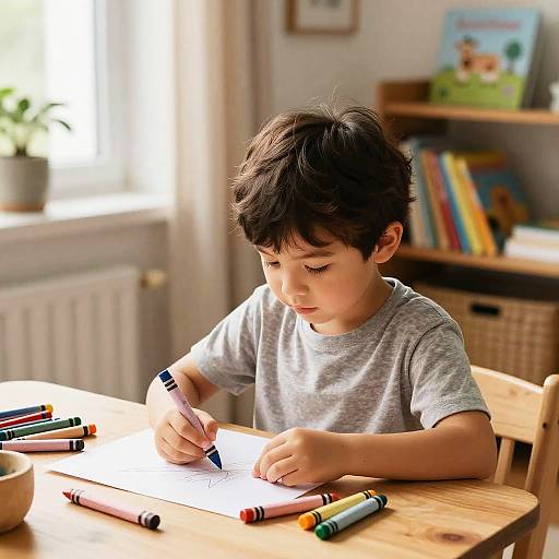 Photograph of a young boy with dark hair, wearing a gray t-shirt, drawing with colorful markers at a wooden table. Sunlit room with book