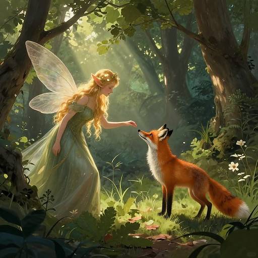 Digital fantasy art: A fairy with translucent wings and golden hair in a green gown gently touches a red fox's nose in a sunlit forest clearing.