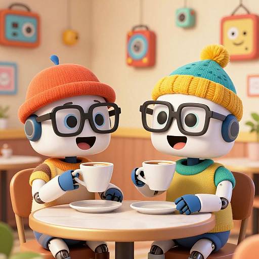 CGI image of two cute, white, robotic characters with large black glasses, wearing colorful knit hats, sitting at a café table, holding white cups