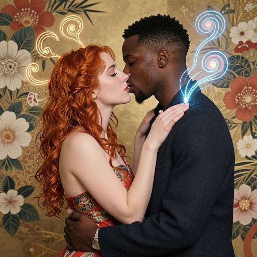 Photograph of a redheaded white woman and a dark-skinned black man sharing a kiss, both with glowing, swirling light effects, against a floral