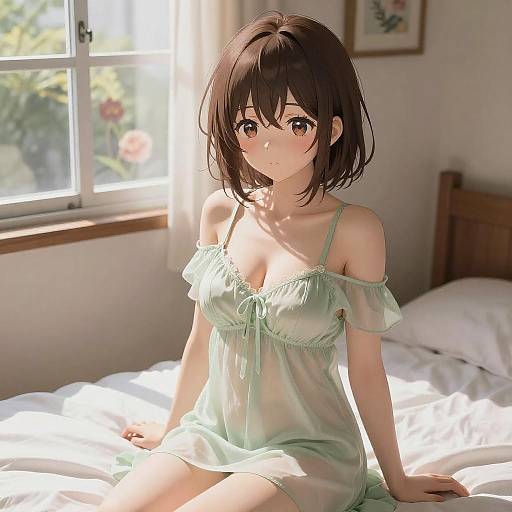 Anime Girl in Green Lingerie on Bed