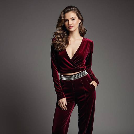 Elegant Woman in Deep Red Velvet Outfit