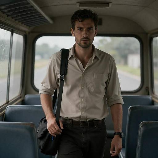 Intense Man in Worn Bus Setting