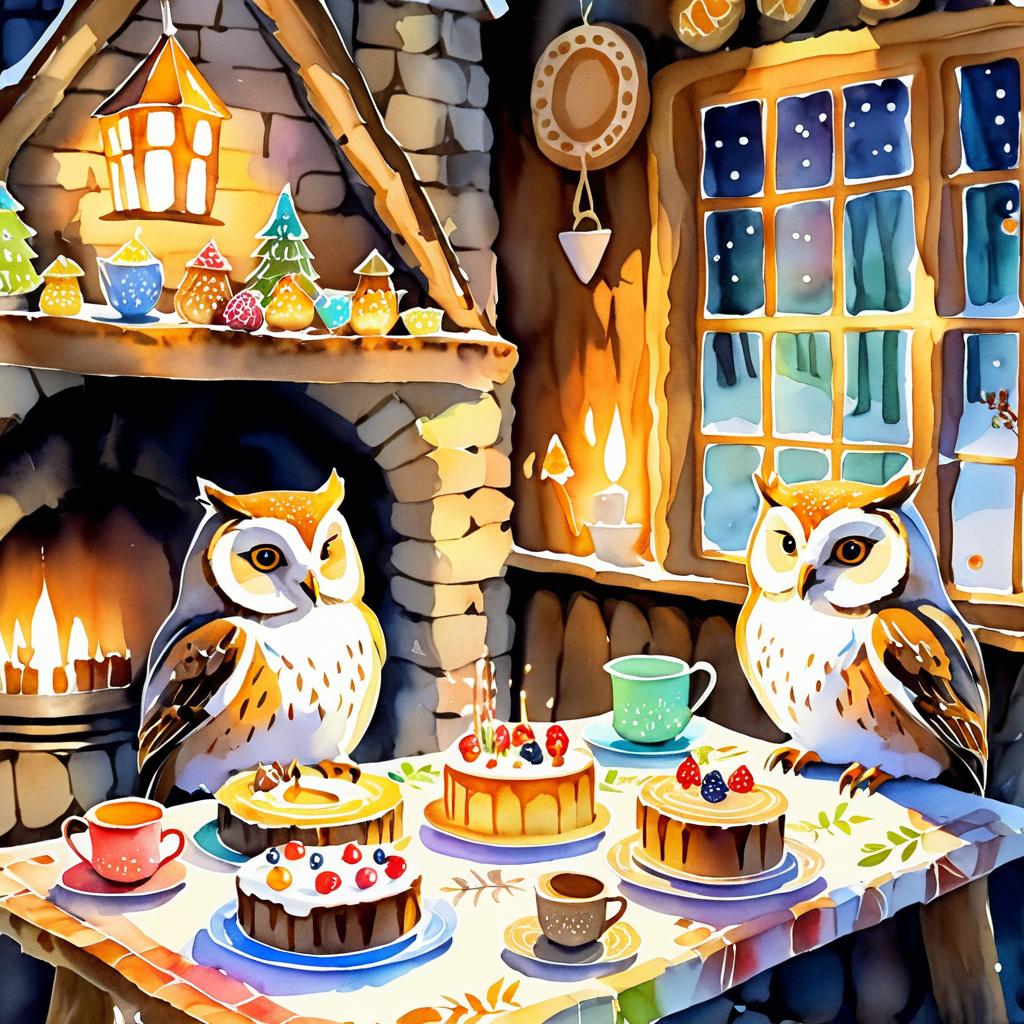 Whimsical Owl Feast by the Fire