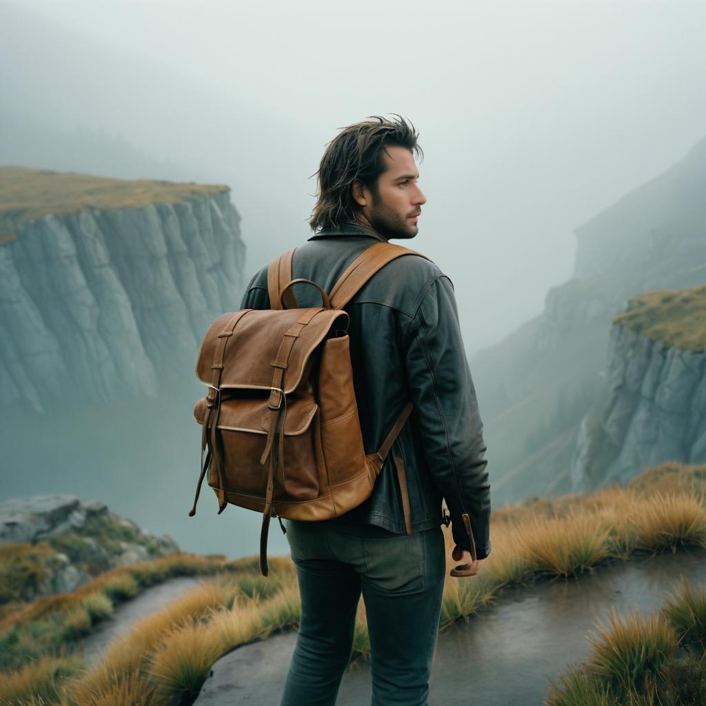 Melancholic Traveler at Mountain Overlook