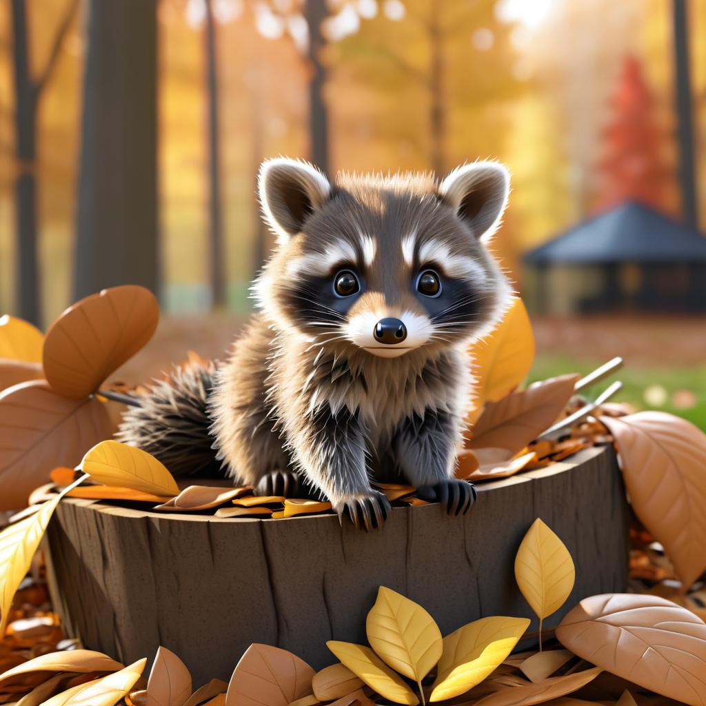 Photorealistic Baby Raccoon in Leaves