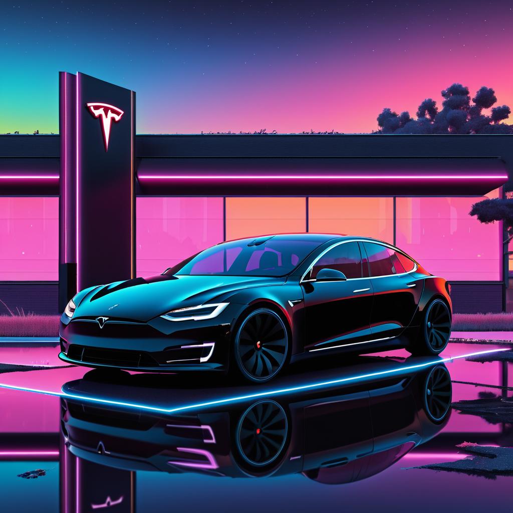 Vibrant Tesla Sedan in Comic Art Style