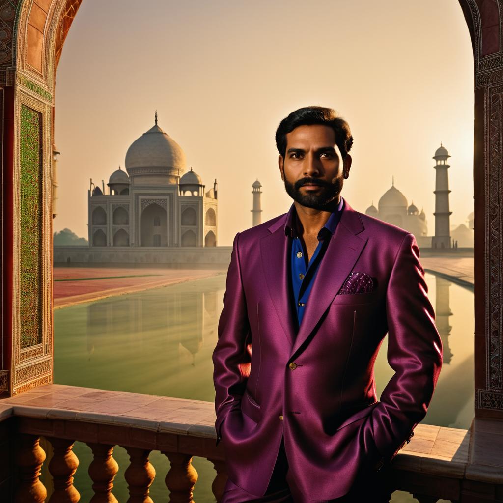 Vibrant Portrait of Indian Man with Taj Mahal