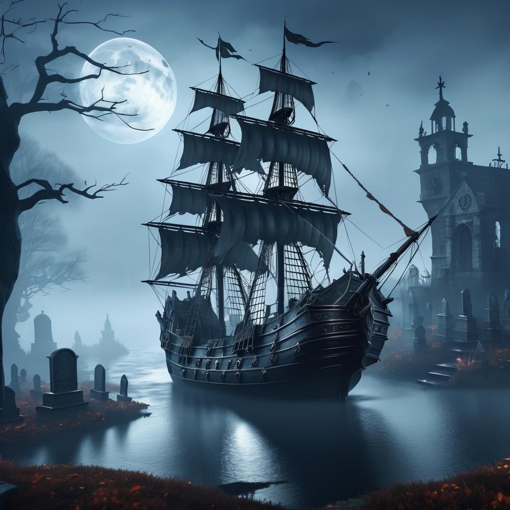 Haunted Pirate Ship in Foggy Graveyard