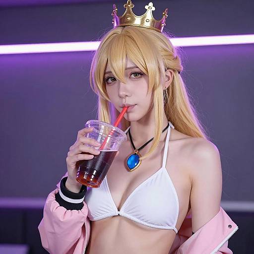 Blonde Cosplayer with Crown and Drink