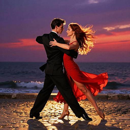 Photograph of a romantic dance at sunset on a beach, with a man in a black suit and a woman in a flowing red dress, illuminated by