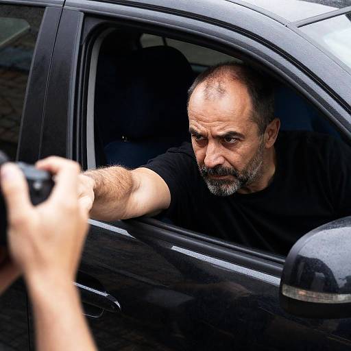 Man Gripping Car Door Frame with Intense Expression