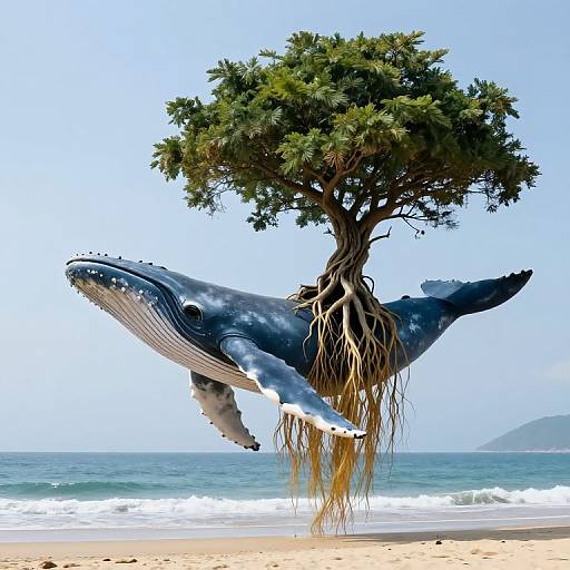 Photorealistic image of a large blue whale with tree roots growing from its body, floating above a beach with turquoise waves and a clear sky.