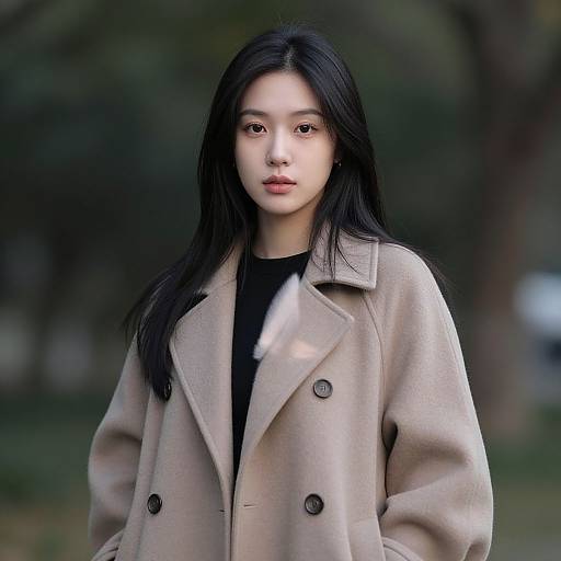 Photograph of an East Asian woman with long black hair, wearing a beige double-breasted coat over a black top, standing in a blurred forest background