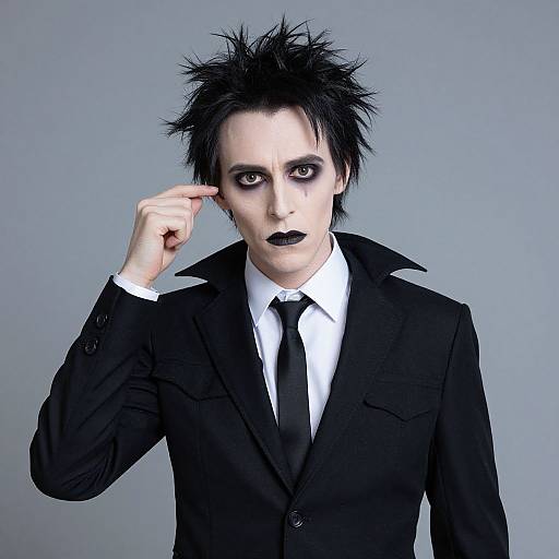 Photograph of a pale-skinned man with spiked black hair, dark makeup, black lipstick, and gothic attire, touching his forehead.