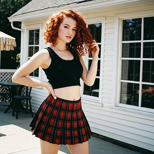 Redhead Woman in Black Crop Top and Plaid Skirt Outdoors